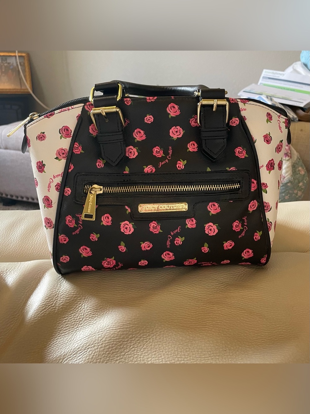 Juicy Couture Black & White Satchel with Pink Rose Print